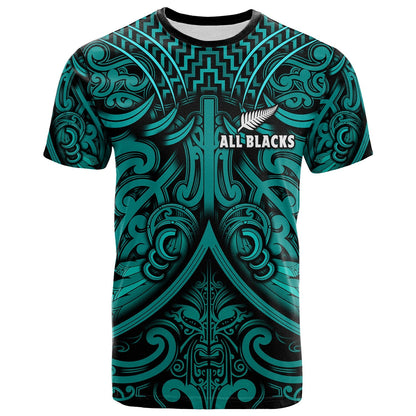 Custom Text And Number New Zealand Silver Fern Rugby T Shirt All Black Turquoise Nz Maori Pattern