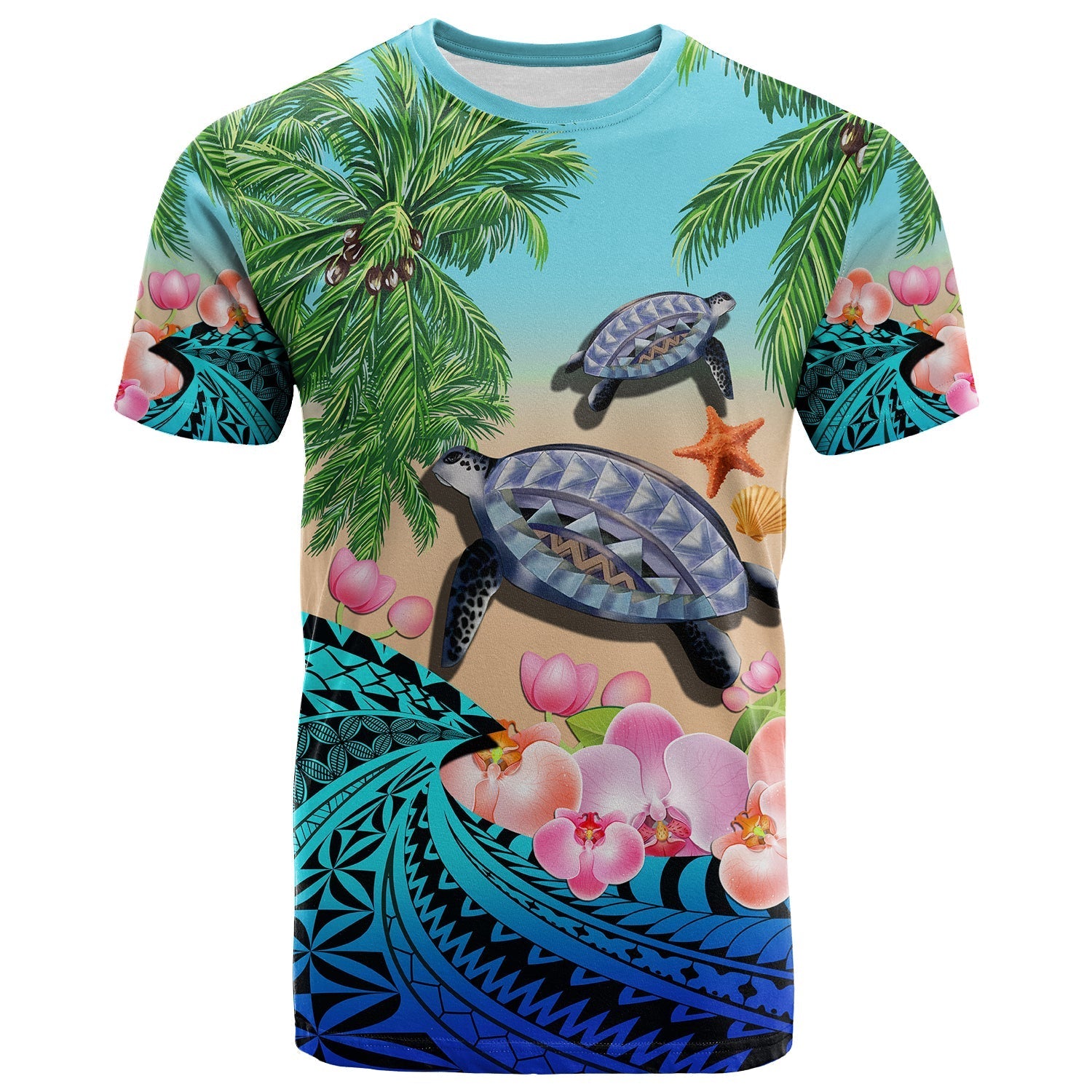 Polynesian Turtle Coconut Tree And Orchids T Shirt