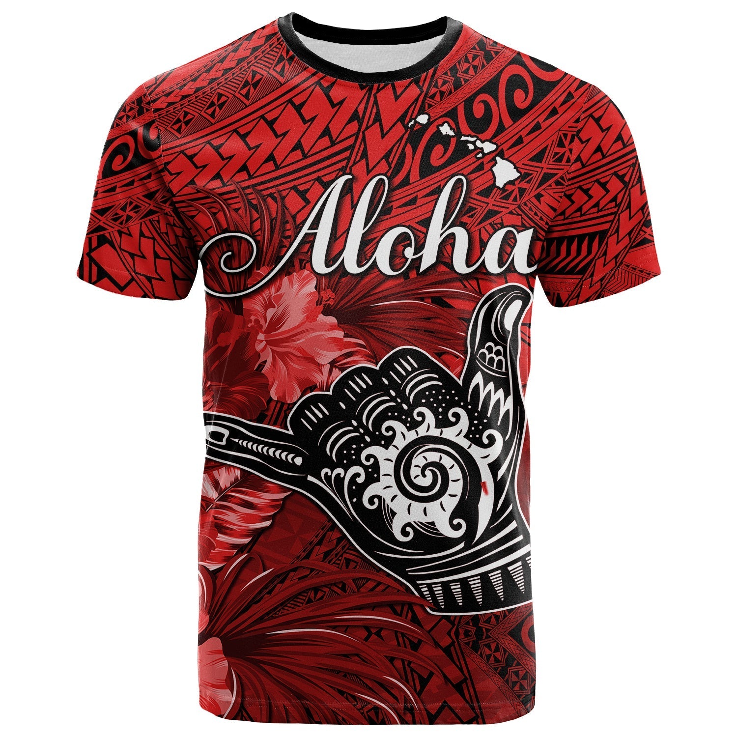 (Custom Personalised) The Shaka Hawaii T Shirt Tropical Flowers Red Version