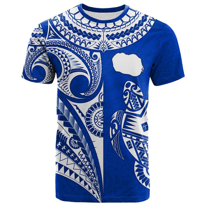 Custom Text And Number Rarotonga Cook Islands T Shirt Turtle And Map Style Blue
