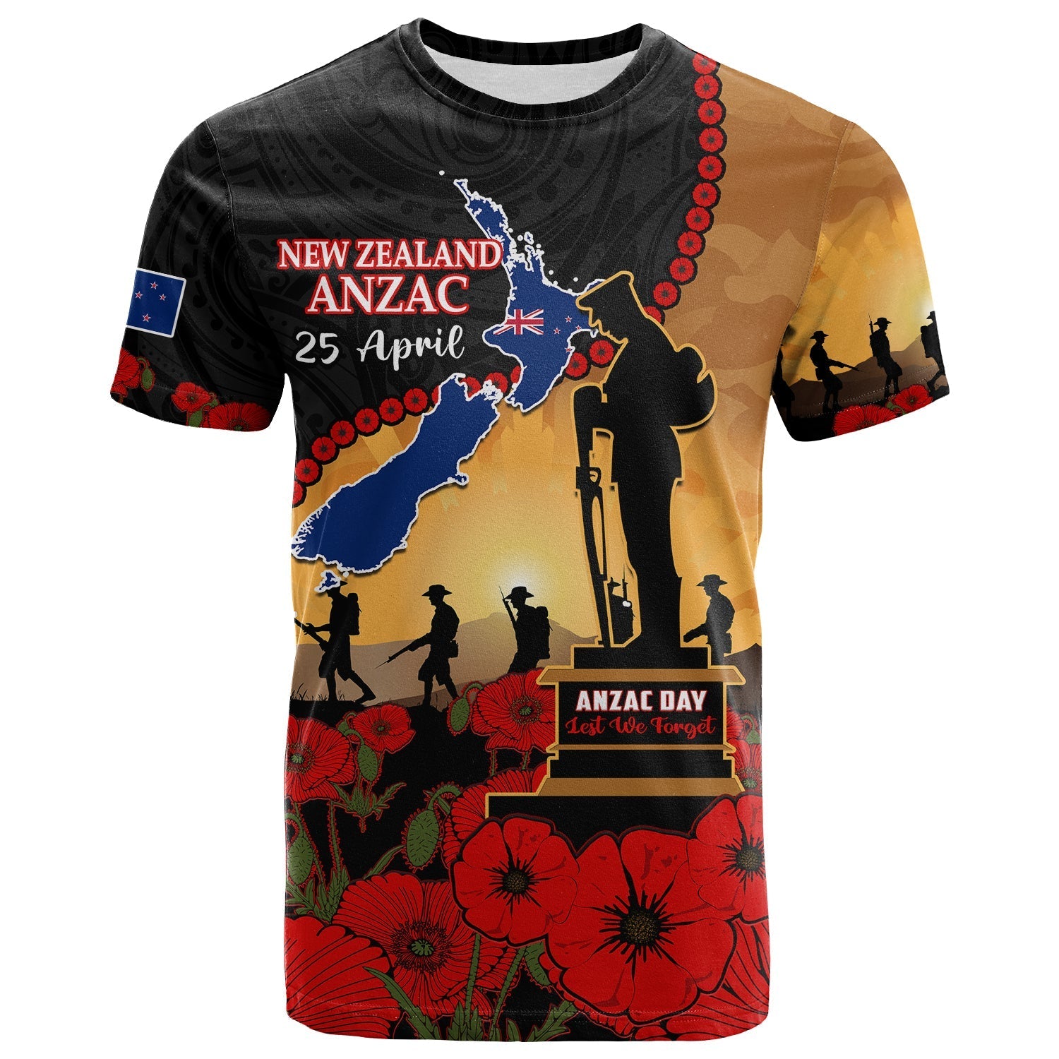 New Zealand Anzac T Shirt Maori Camouflage Mix Poppies We Will Remember Them