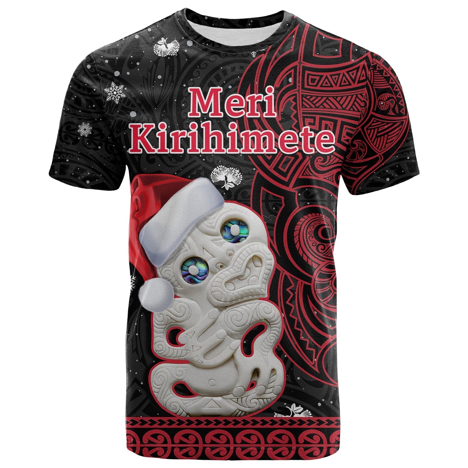 New Zealand Christmas T Shirt Hei Tiki Red Pohutukawa Meri Kirihimete