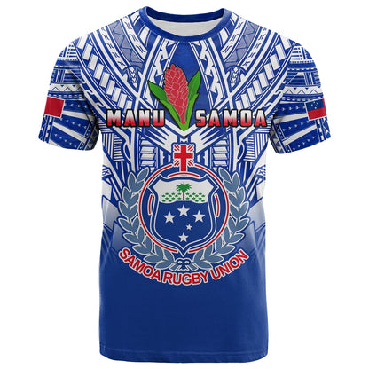 Samoa Rugby T Shirt Manu Samoa 7S Ginger Blue Polynesian