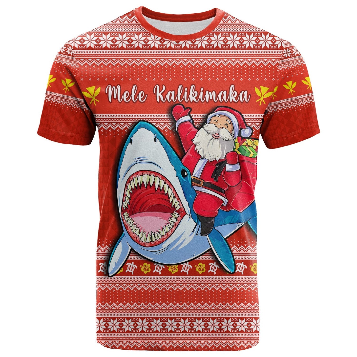 Hawaii Christmas T Shirt Santa Shark Mele Kalikimaka Tribal