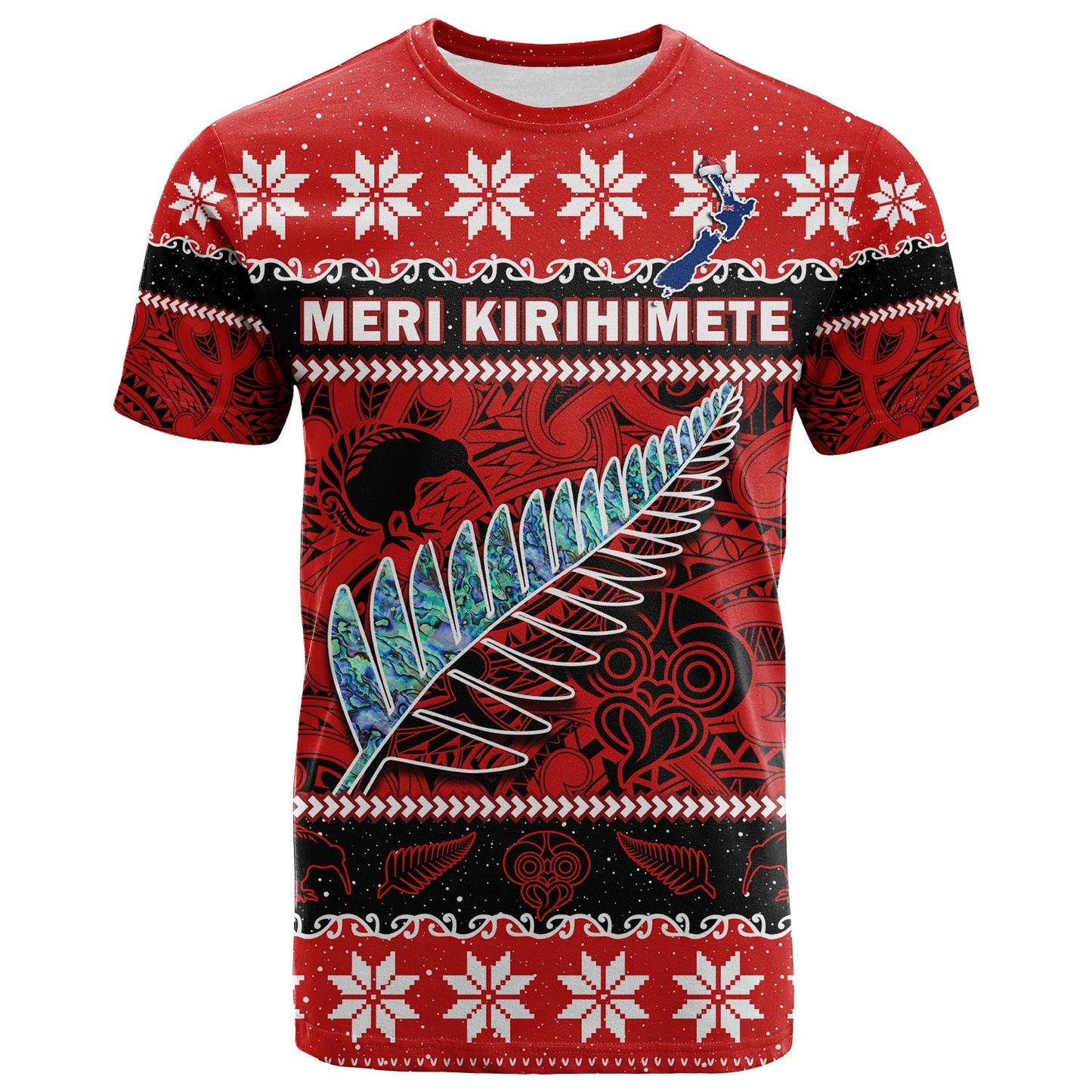 New Zealand Christmas T Shirt Paua Shell Silver Fern Meri Kirihimete