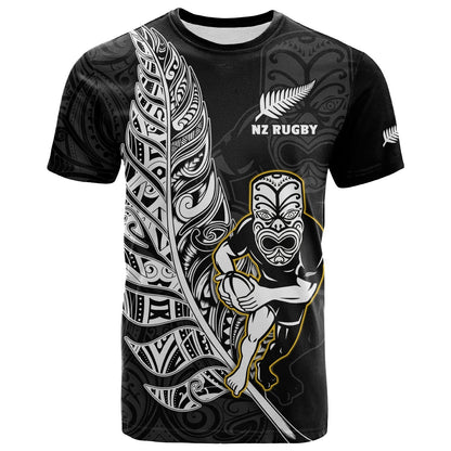 Custom Text And Number New Zealand Silver Fern Rugby T Shirt All Black Maori Version Black