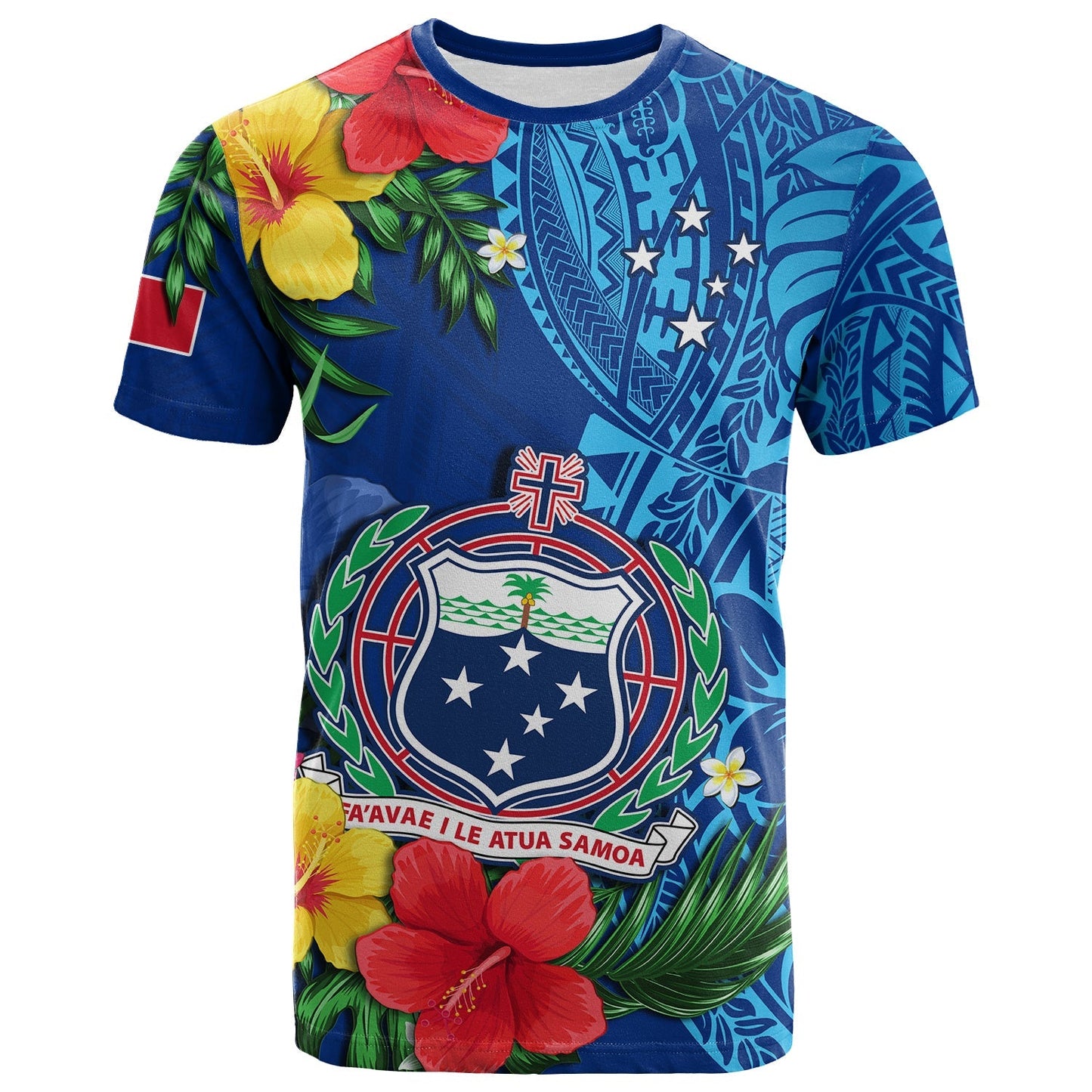 Samoa T Shirt Coat Of Arms Mix Tropical Flowers