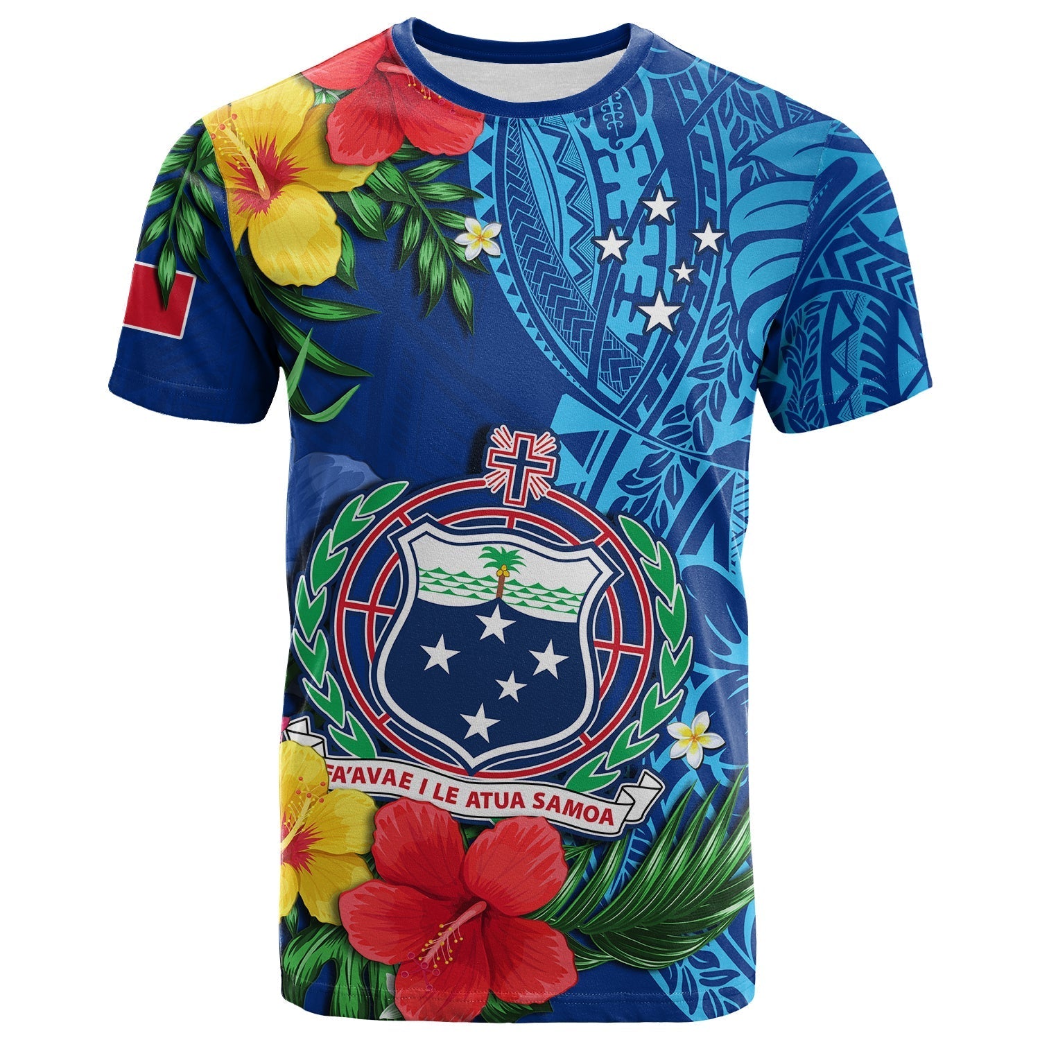 Samoa T Shirt Coat Of Arms Mix Tropical Flowers