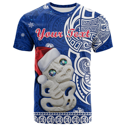Custom Personalised New Zealand Christmas T Shirt Hei Tiki Blue Pohutukawa Meri Kirihimete