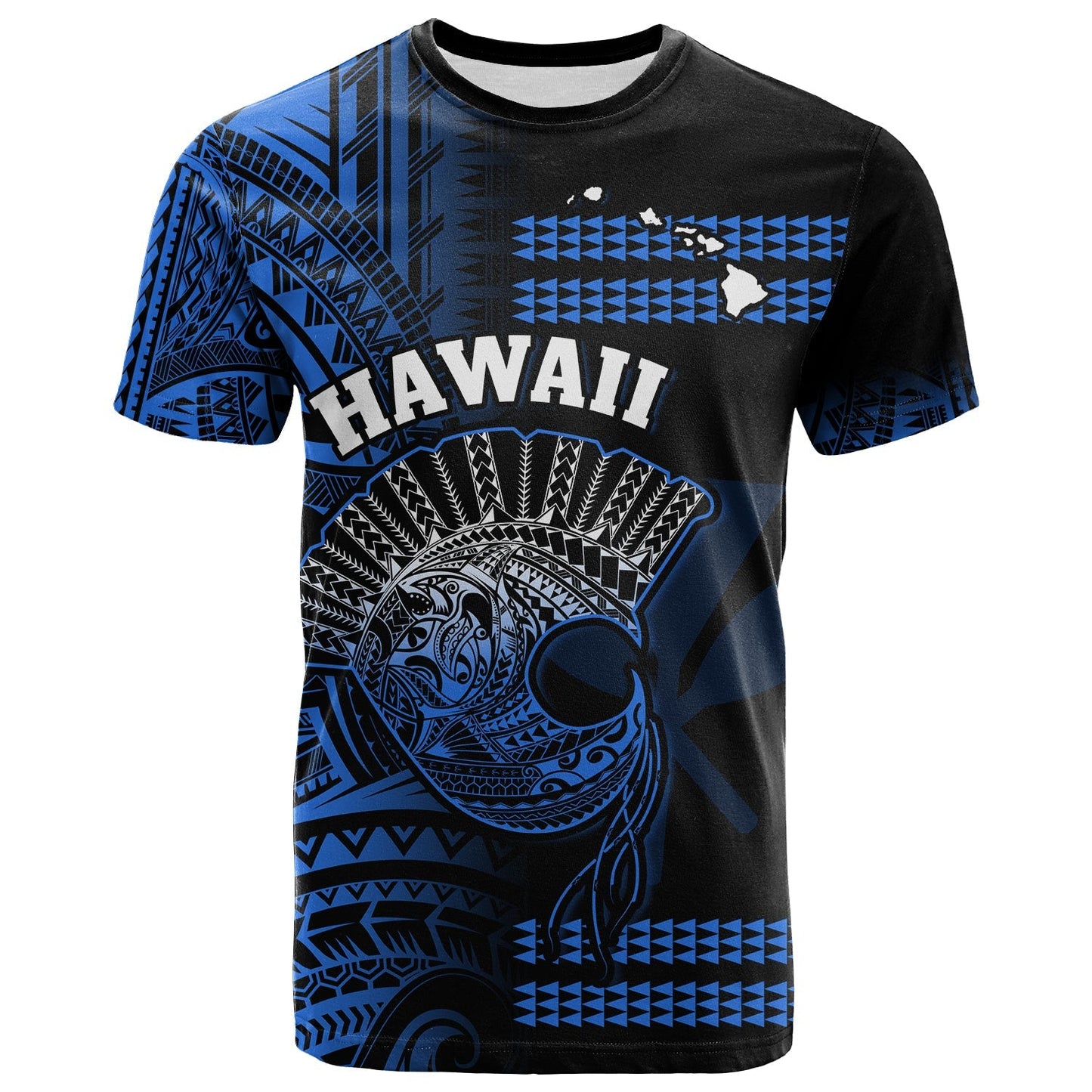 Hawaii T Shirt Kakau Warrior Helmet Gradient Blue Polynesian