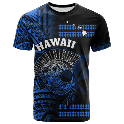 Hawaii T Shirt Kakau Warrior Helmet Gradient Blue Polynesian
