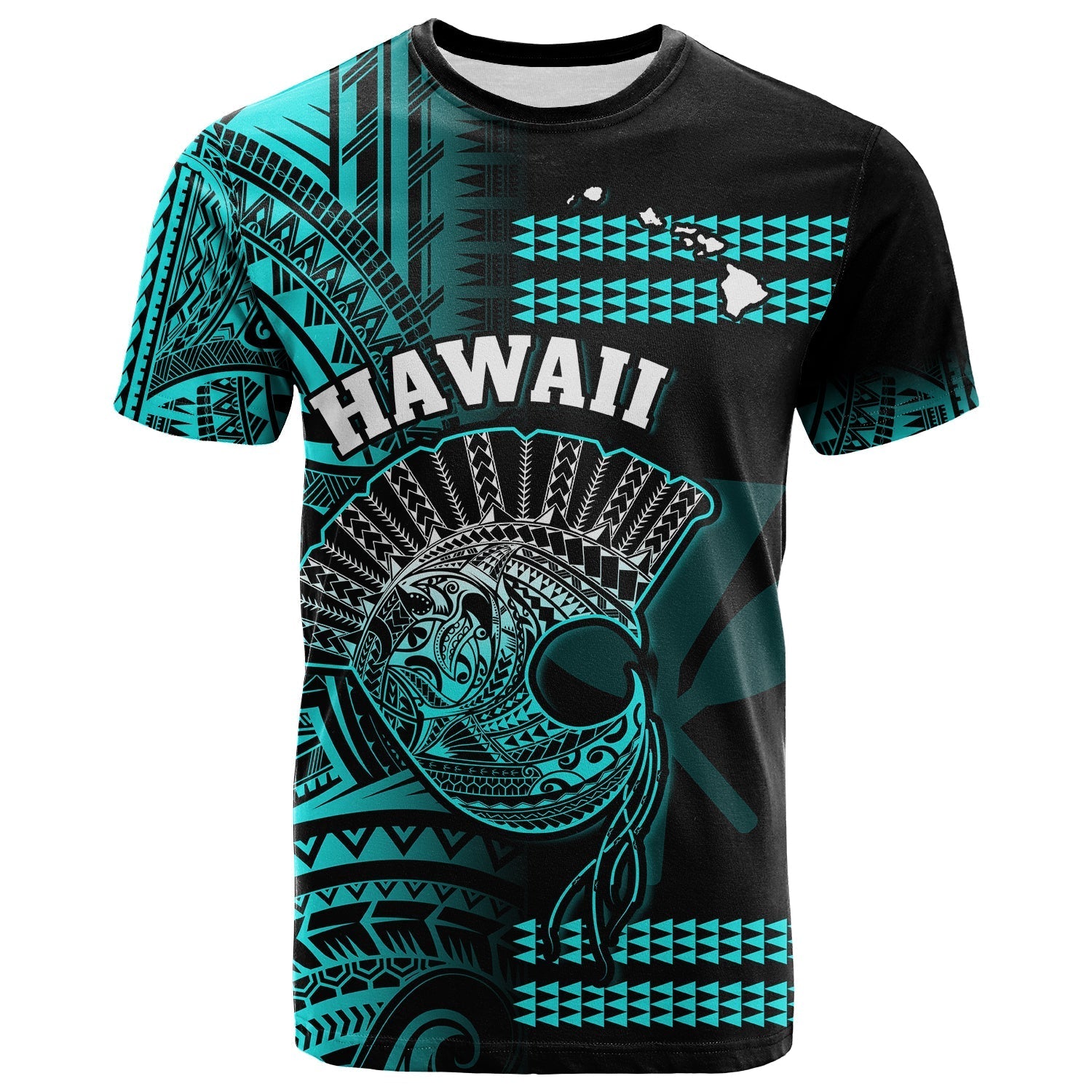 Custom Personalised Hawaii T Shirt Kakau Warrior Helmet Gradient Turquoise Polynesian