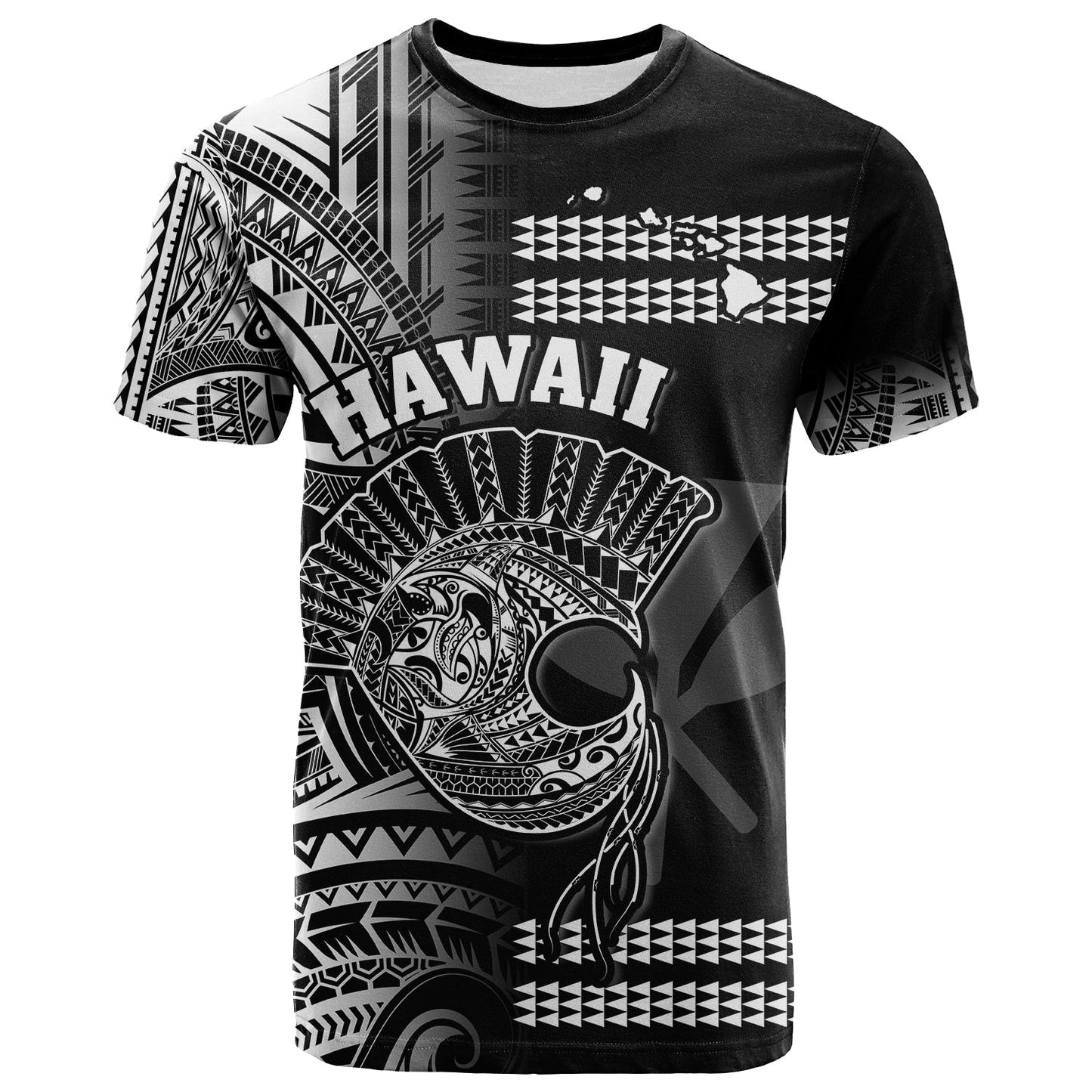 Hawaii T Shirt Kakau Warrior Helmet Gradient White Polynesian