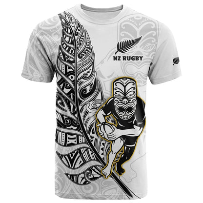 Custom Text And Number New Zealand Silver Fern Rugby T Shirt All Black Maori Version White