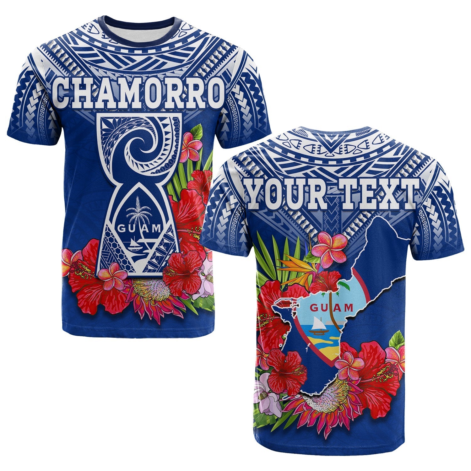 (Custom Personalised) Guam Chamorro T Shirt Guaman Latte Stone Tropical Flowers Blue Version