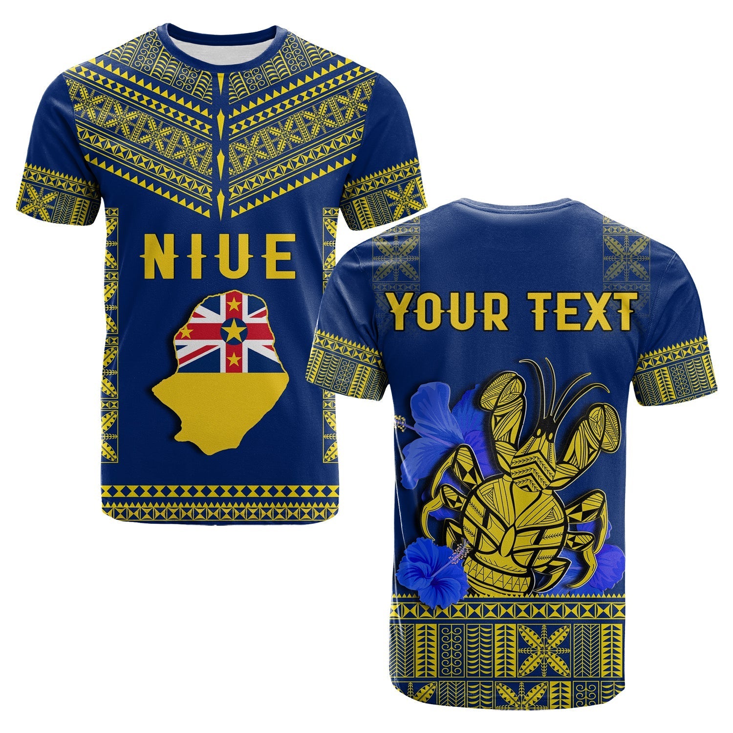 (Custom Personalised) Niue T Shirt Happy Constitution Day Niuean Hiapo Crab With Map