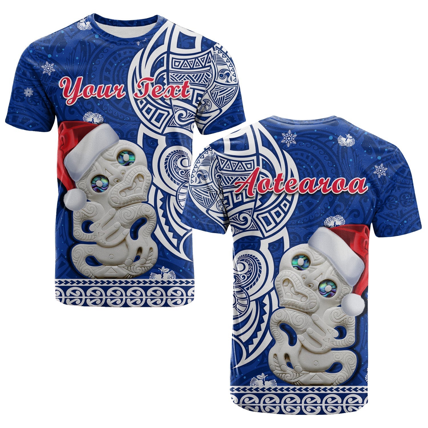 Custom Personalised New Zealand Christmas T Shirt Hei Tiki Blue Pohutukawa Meri Kirihimete
