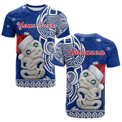Custom Personalised New Zealand Christmas T Shirt Hei Tiki Blue Pohutukawa Meri Kirihimete