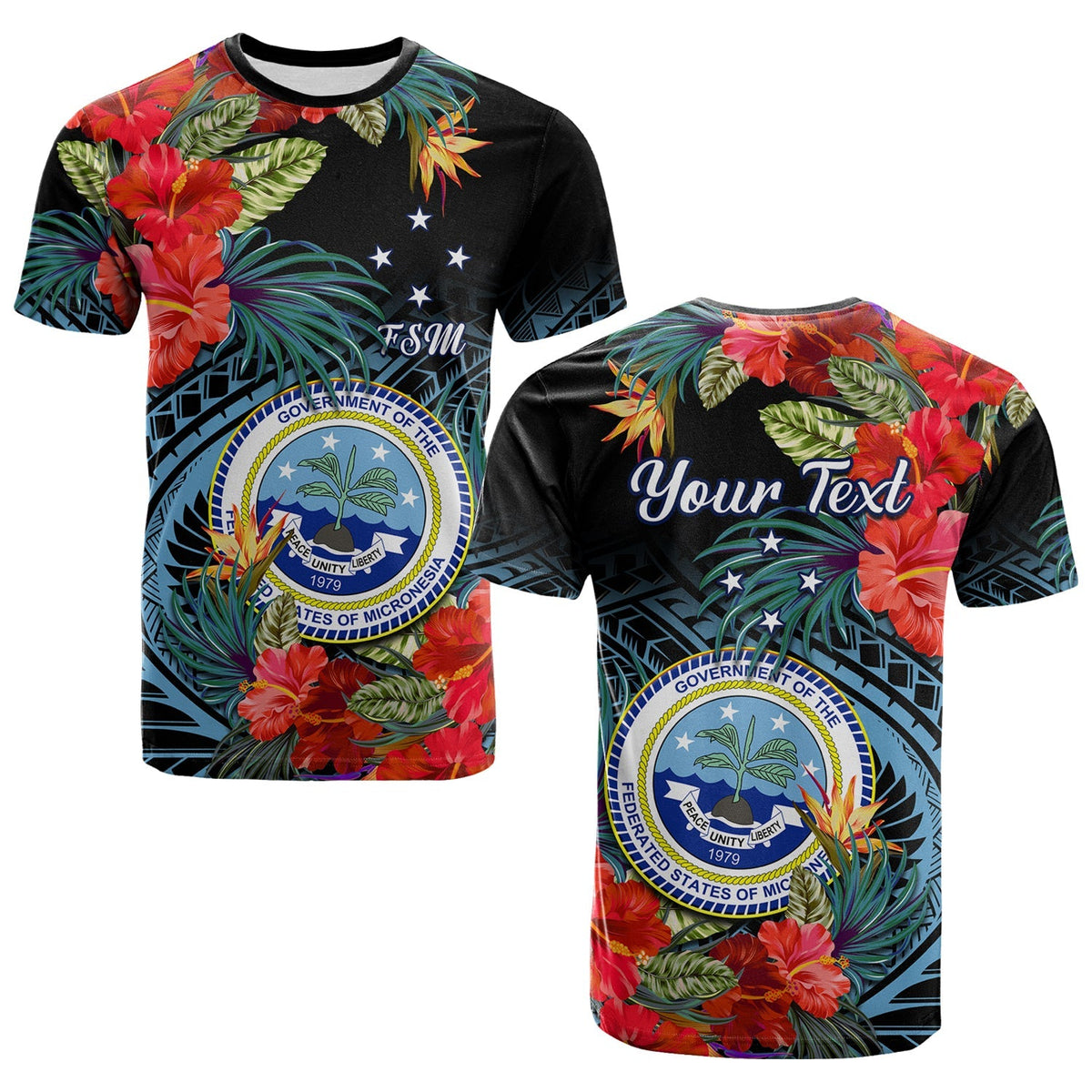 (Custom Personalised) Federated States of Micronesia T Shirt Hibiscus Flowers FSM Seal Polynesian