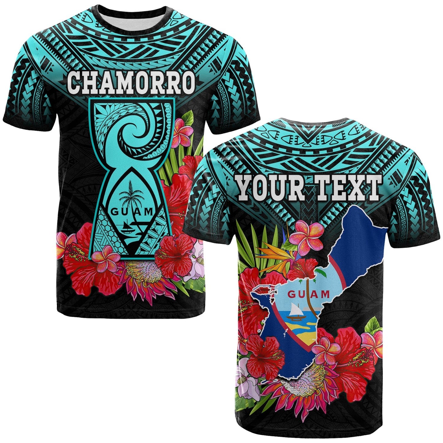 (Custom Personalised) Guam Chamorro T Shirt Guaman Latte Stone Tropical Flowers Turquoise Style