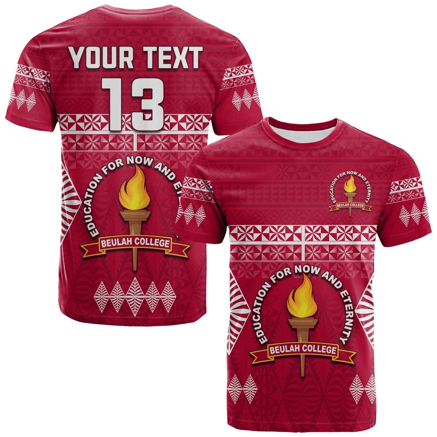 Custom Text And Number Beulah College T Shirt Ngatu Pattern Tonga