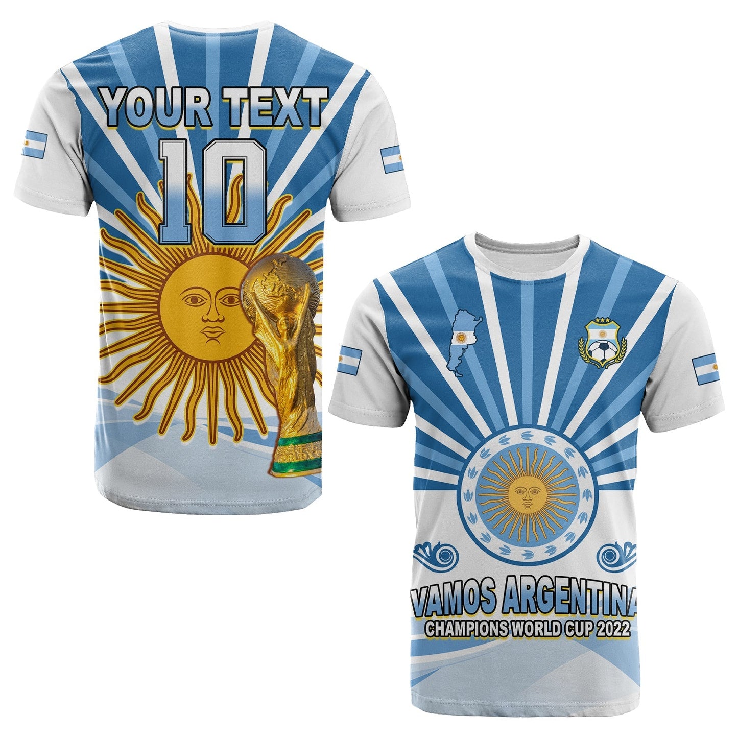 Custom Argentina Football T Shirt The Sun WC2022 Soccer Vamos La Albiceleste