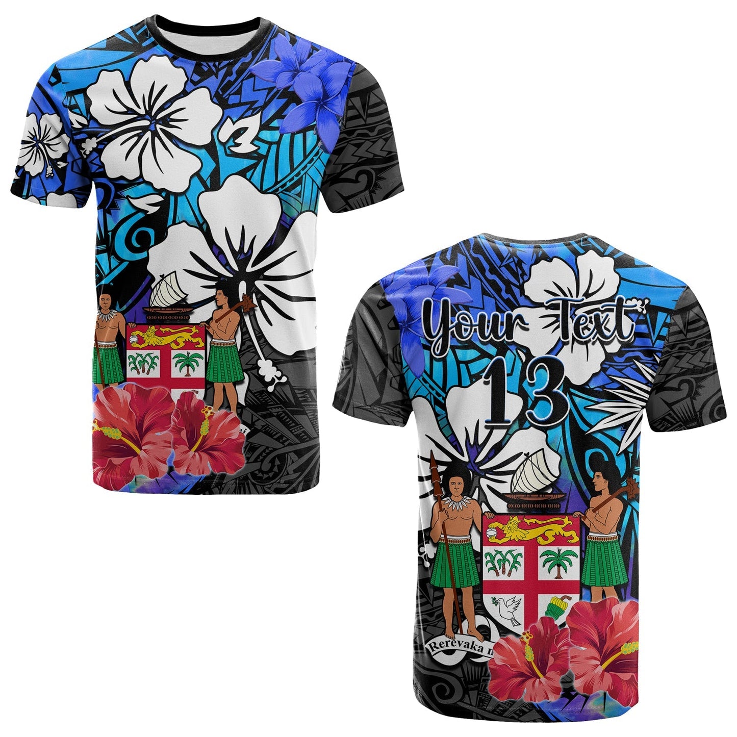 (Custom Text and Number) Fiji Tie Dye T Shirt Polynesian Blue Tribal Creative Tropical Flowers