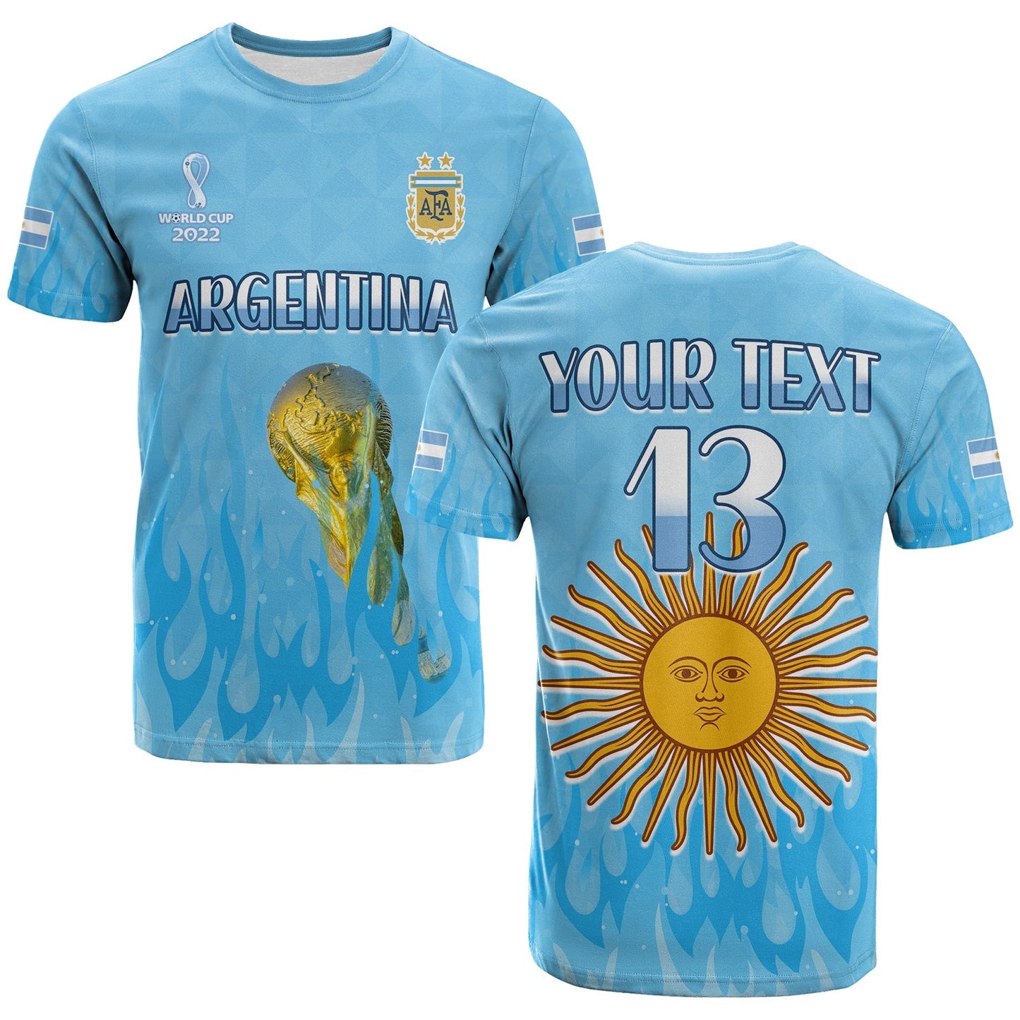 Custom Argentina Football T Shirt Vamos Sky Champions World Cup Fire