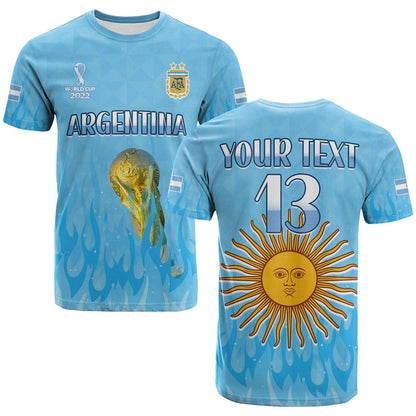 Custom Argentina Football T Shirt Vamos Sky Champions World Cup Fire