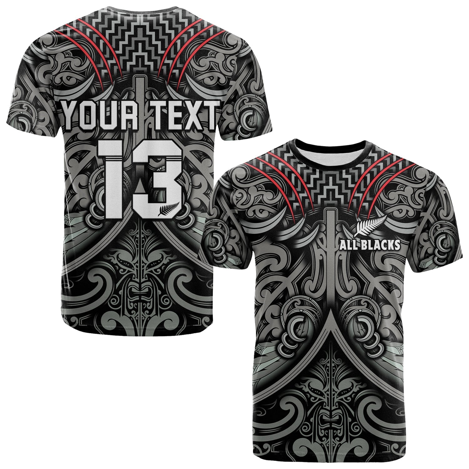 Custom Text And Number New Zealand Silver Fern Rugby T Shirt All Black Nz Maori Pattern
