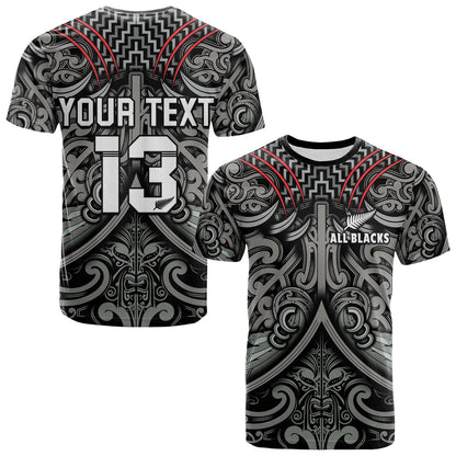 Custom Text And Number New Zealand Silver Fern Rugby T Shirt All Black Nz Maori Pattern
