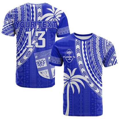 (Custom Text and Number) Fiji Rugby Sevens T Shirt Fijian 7s Tapa Polynesian Blue Ver.02