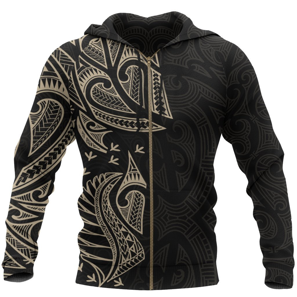 New Zealand Maori Zip Hoodie, Ta Moko Tattoo Full Zip Hoodie Tan