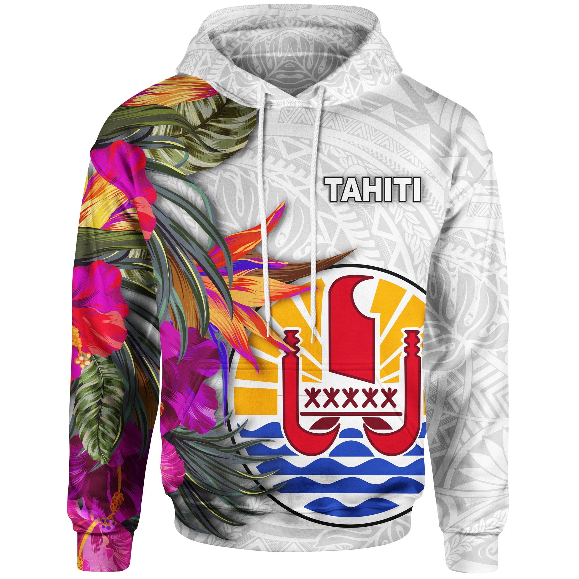 Tahiti Hoodie Hibiscus Polynesian White Pattern