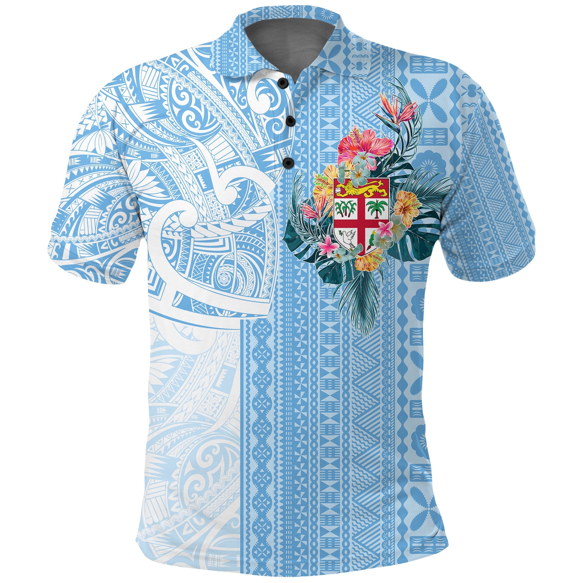 Fiji Tapa Pattern with Hibiscus Polo Shirt - Fiji In My Heart