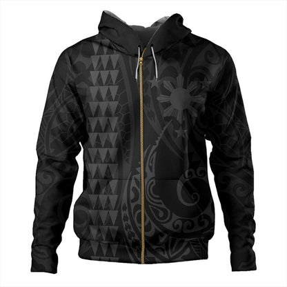 The Philippines Hoodie Sun Gray Kakau Style Black Unisex Zip Hoodie