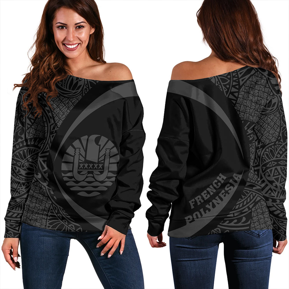 French Polynesia Off Shoulder Sweatshirt Coat Of Arm Lauhala Gray Circle