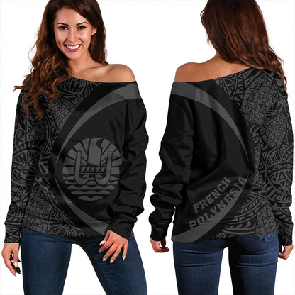French Polynesia Off Shoulder Sweatshirt Coat Of Arm Lauhala Gray Circle