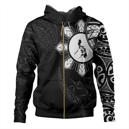 Philippines Hoodie Tribal Sun In My Heart Black Polynesian Pattern Zip Hoodie