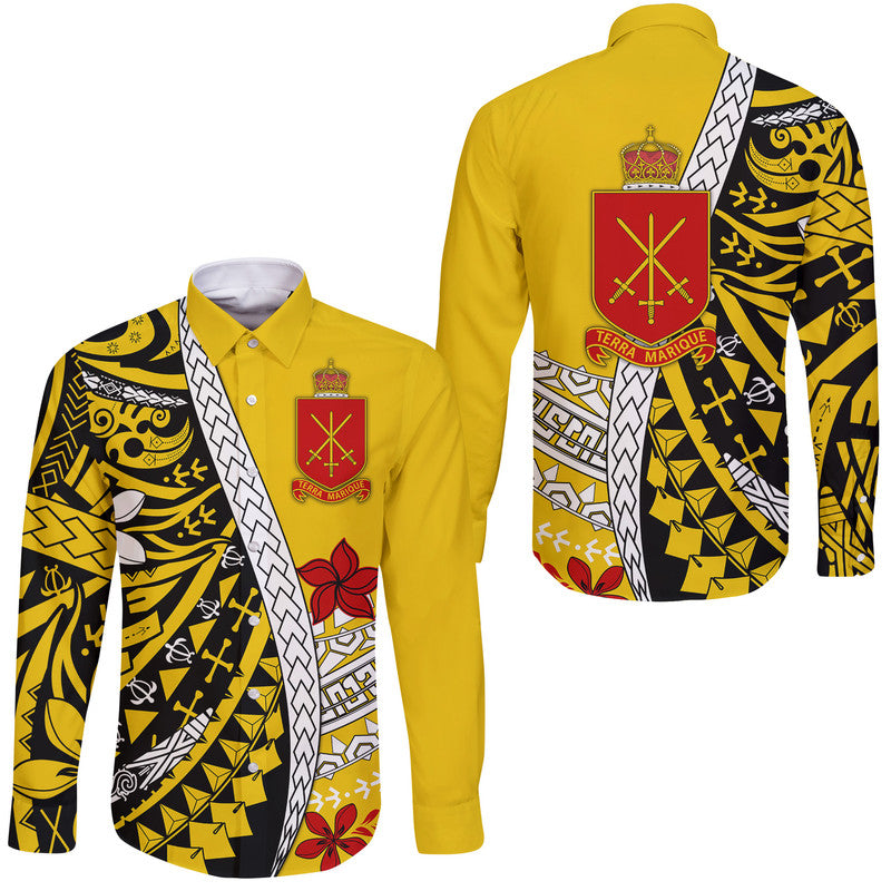 Tonga Terra Marique Hawaii Long Sleeve Button Shirt Gold Polynesian Minimalist Style