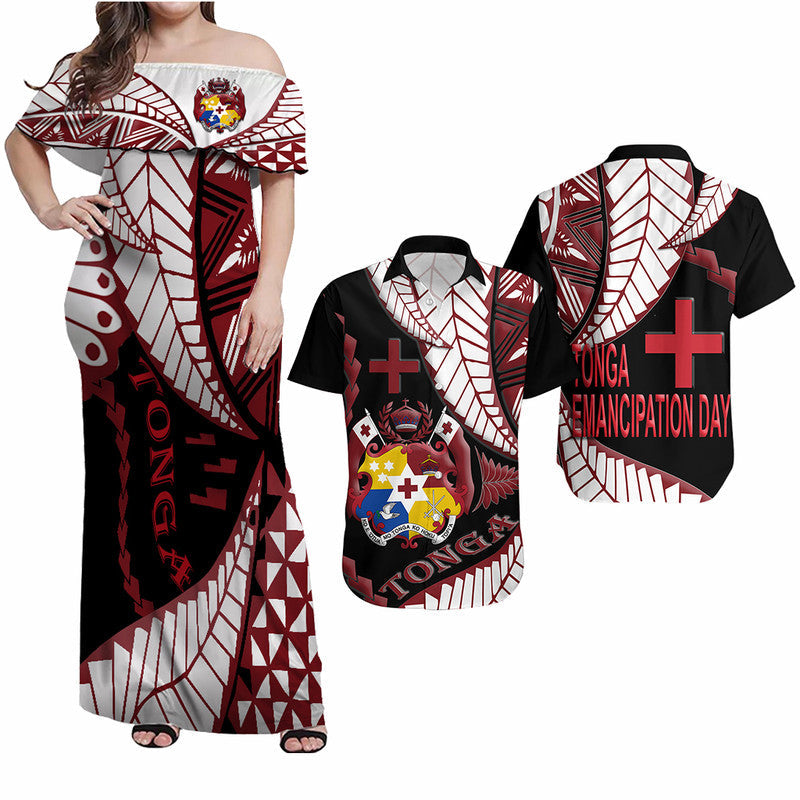 Polynesian Couple Outfits Tonga Emancipation Day Combo Dress and Hawaiian Shirt Kupesi Pattern No.1 Black
