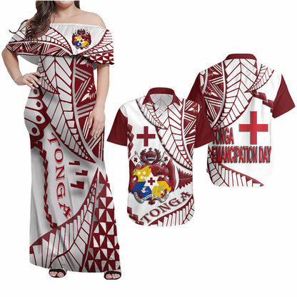 Matching Outfits For Couples Tonga Emancipation Day Combo Dress and Hawaiian Shirt Kupesi Pattern No.1 White