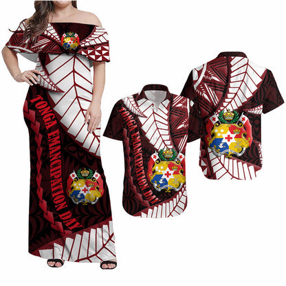 Matching Outfits For Couples Tonga Emancipation Day Combo Dress and Hawaiian Shirt Kupesi Pattern No.2 Black