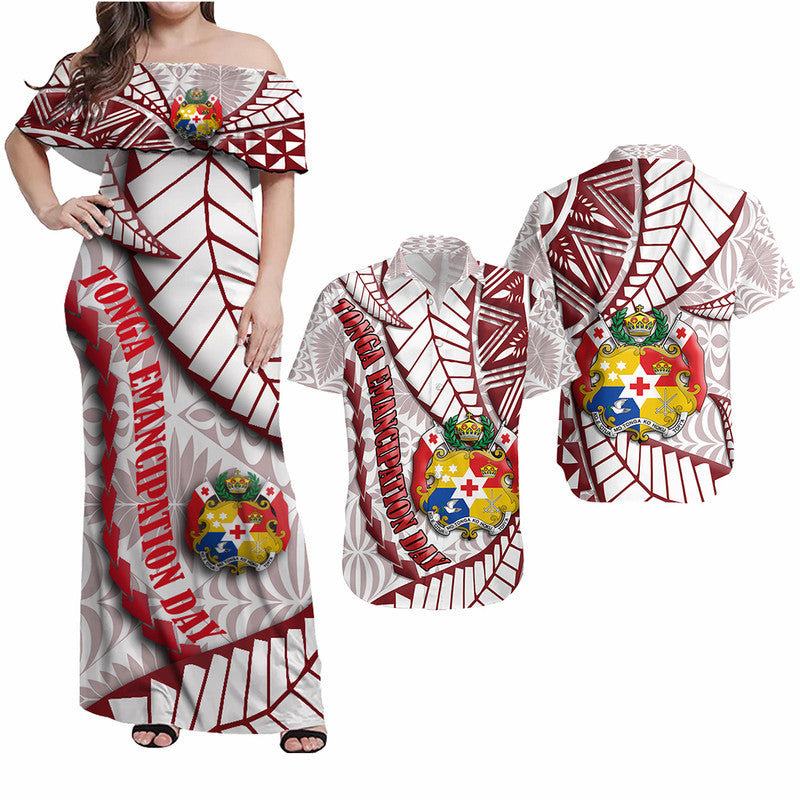 Polynesian Couple Outfits Tonga Emancipation Day Combo Dress and Hawaiian Shirt Kupesi Pattern No.2 White