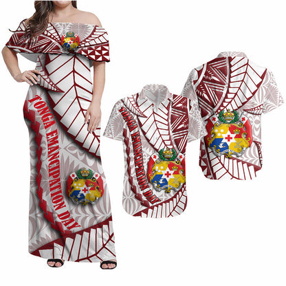 Polynesian Couple Outfits Tonga Emancipation Day Combo Dress and Hawaiian Shirt Kupesi Pattern No.2 White