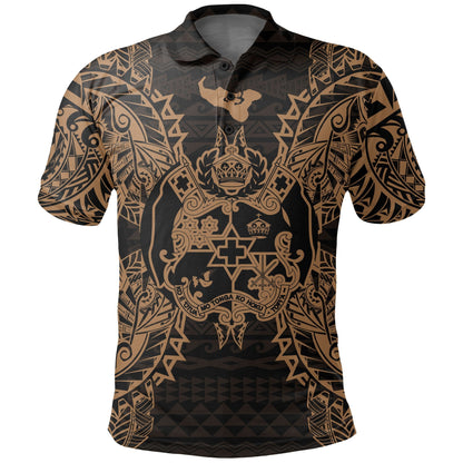 Tonga Polo Shirt - Tonga Coat Of Arms Map Polynesian Tattoo Gold