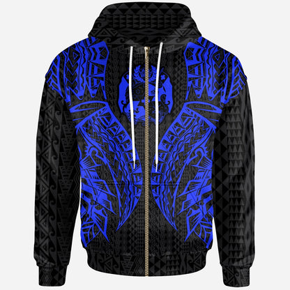 Tonga Zip Up Hoodie Polynesian Lion Head Blue Style