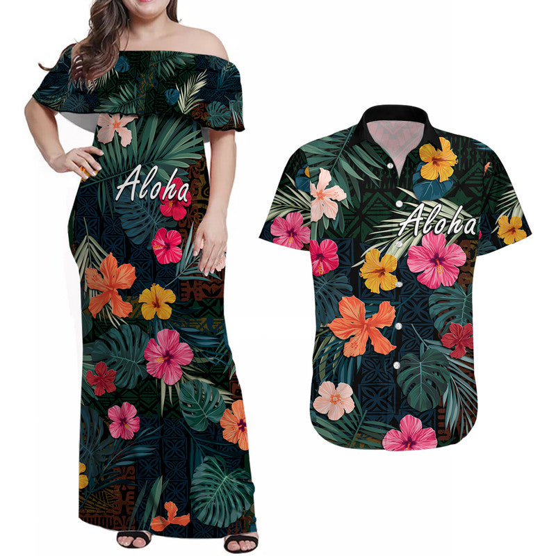 Hawaii Couple Outfits Hawaii Combo Dress and Hawaiian Shirt Tribal Elements And Hibiscus Version