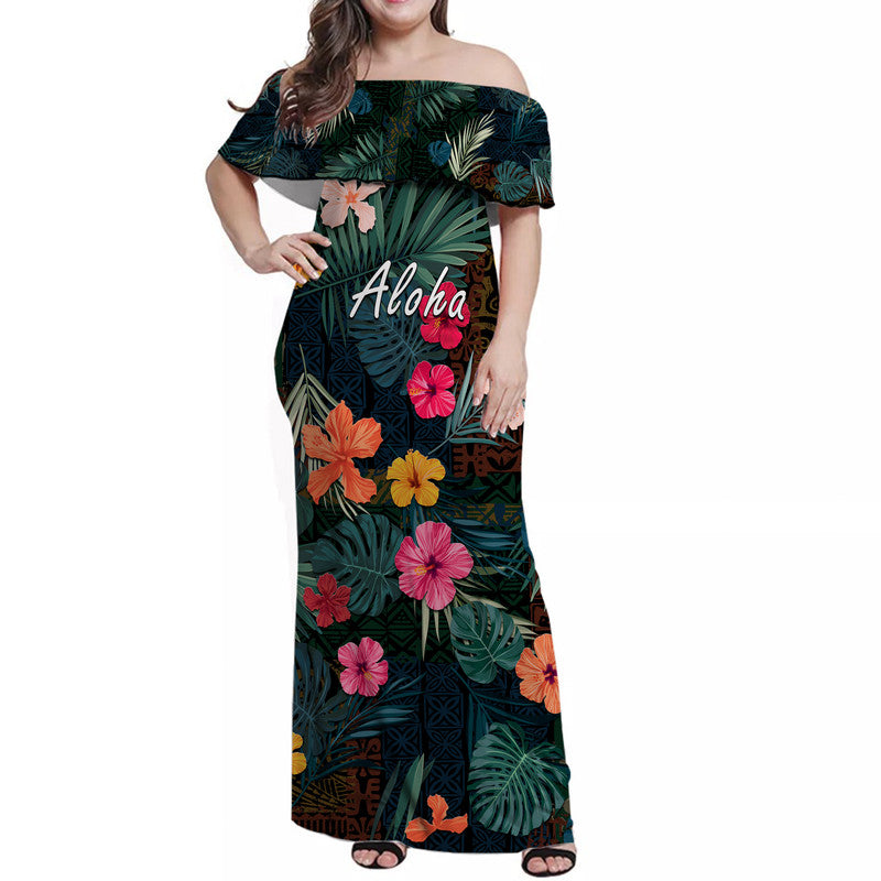 Hawaii Women Off Shoulder Long Dress Tribal Elements And Hibiscus Version