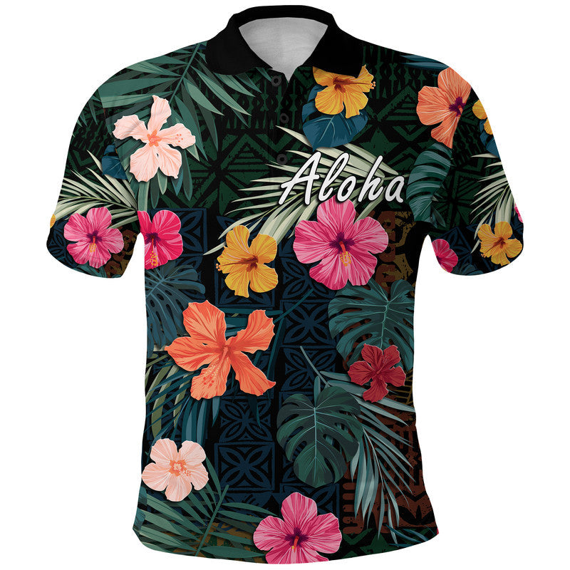Hawaii Polo Shirt Tribal Elements And Hibiscus Version